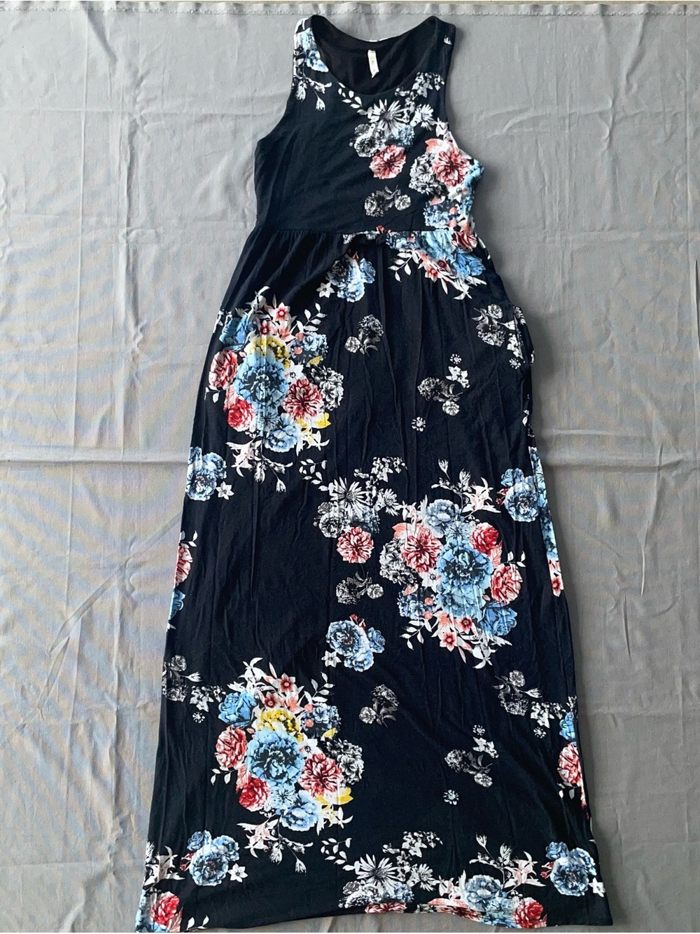 Bellamie Size L Floral Maxi Racer Dress w/ Pockets & Racerback Empire Waste POC